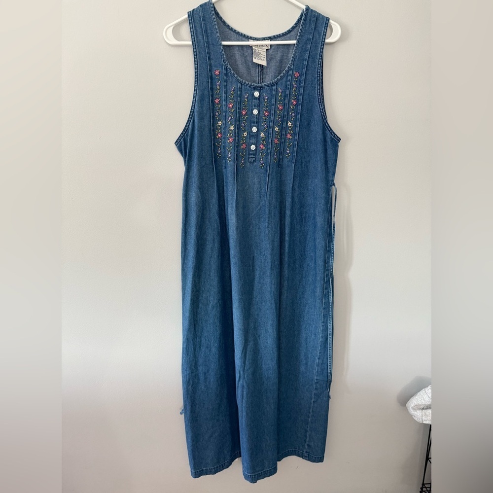 VTG BASIC EDITIONS Embroidered Denim Sleeveless Dress Maxi Blue Floral Size S
